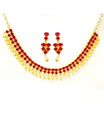 Gold Plated Necklace With White Pink Stones & Pearls