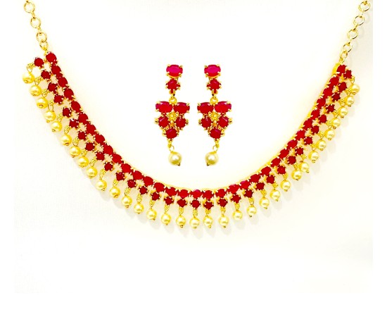 Gold Plated Necklace With White Pink Stones & Pearls