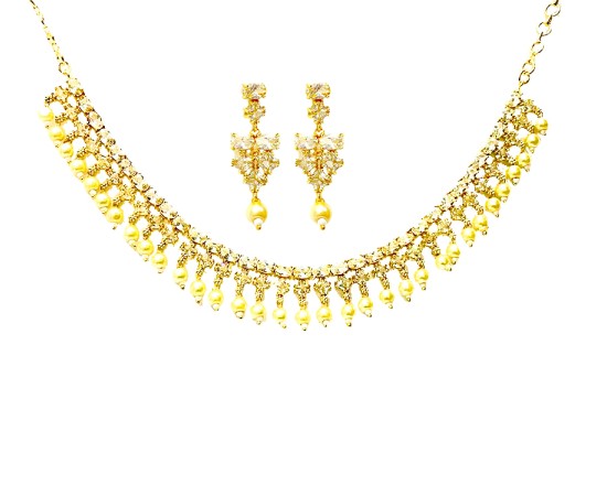 Gold Plated Necklace With White Stones & Pearls