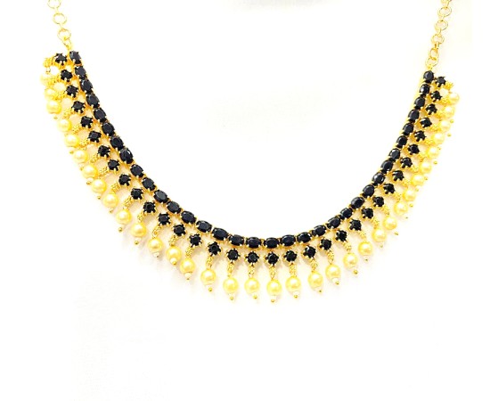 Gold Plated Necklace With White Black Stones & Pearls