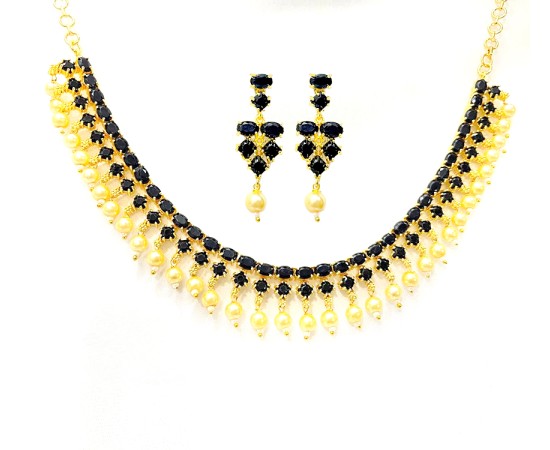 Gold Plated Necklace With White Black Stones & Pearls