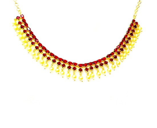 Gold Plated Necklace With White Maroon Stones & Pearls