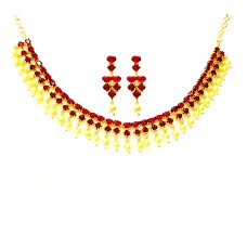 Gold Plated Necklace With White Maroon Stones & Pearls