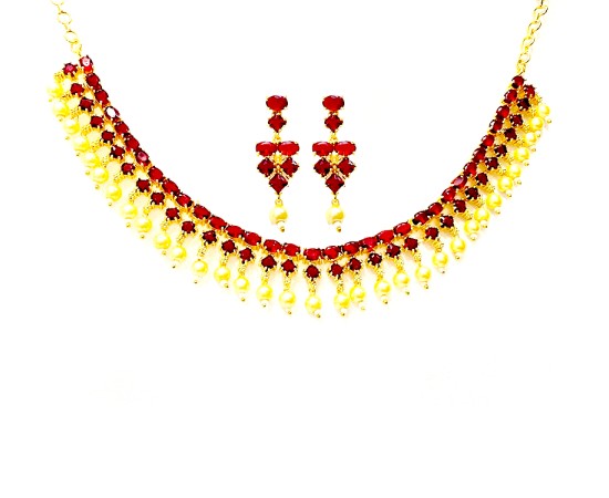 Gold Plated Necklace With White Maroon Stones & Pearls