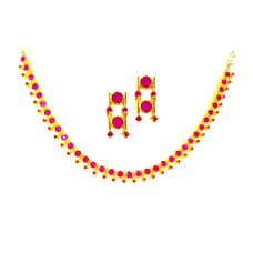 Gold Plated Round Necklace With Pink Stones