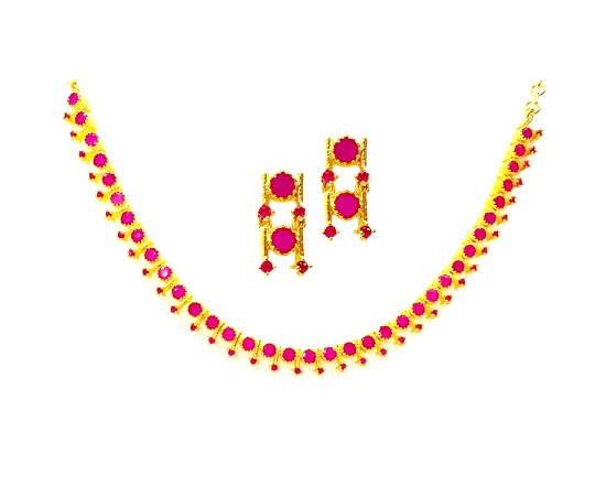 Gold Plated Round Necklace With Pink Stones