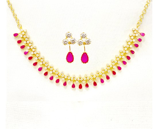 Gold Plated Necklace With White & Pink Stones
