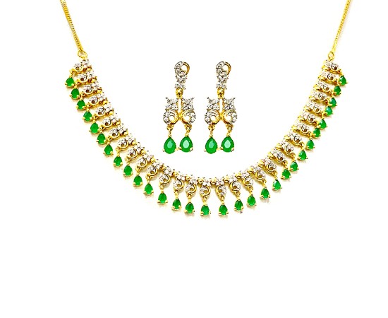 Gold Plated Necklace With White & Green Stones