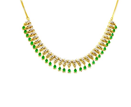 Gold Plated Necklace With White & Green Stones