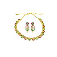 Gold Plated Necklace With Small Green Red & White Stones