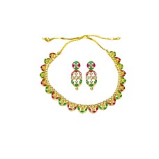 Gold Plated Necklace With Small Green Red & White Stones