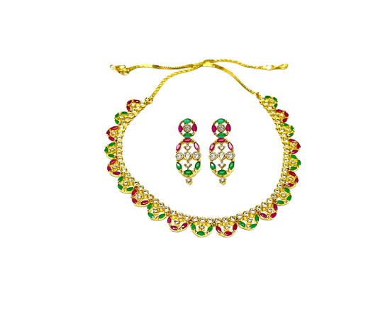 Gold Plated Necklace With Small Green Red & White Stones