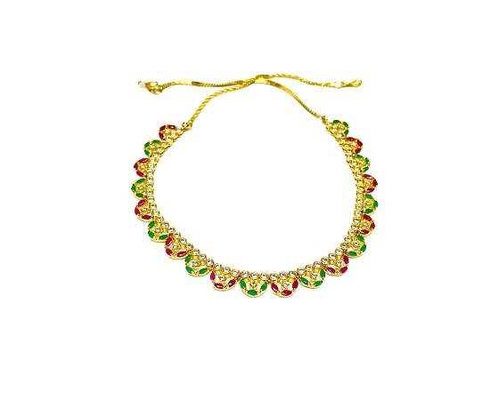 Gold Plated Necklace With Small Green Red & White Stones