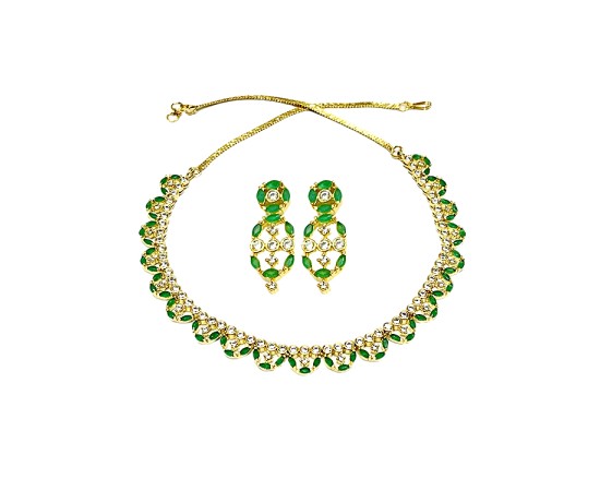 Gold Plated Necklace With Small Green White Stones