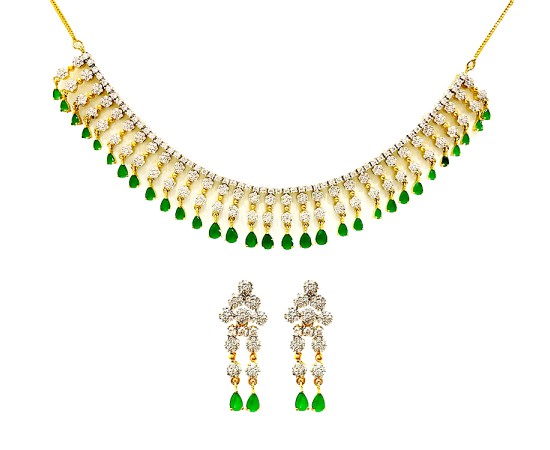 Gold Plated Necklace With White & Green Stones