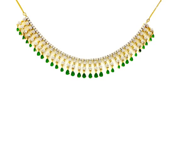 Gold Plated Necklace With White & Green Stones