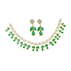 Gold Plated Necklace With White & Green Stones