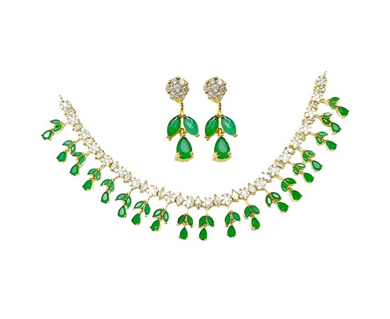 Gold Plated Necklace With White & Green Stones