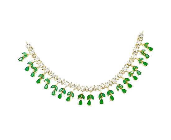 Gold Plated Necklace With White & Green Stones