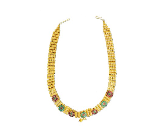 gold plated necklace with flower design red and green stones