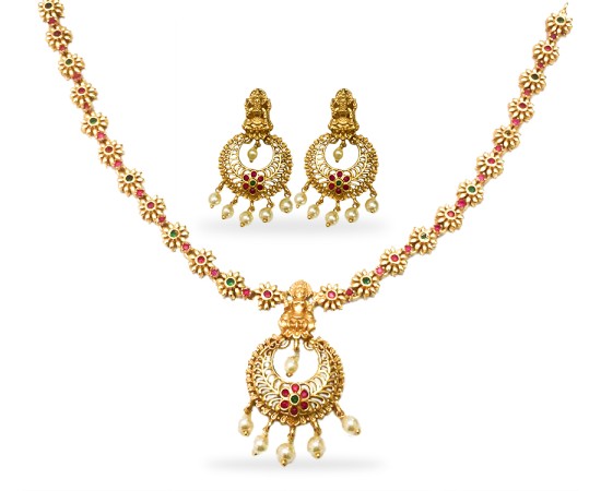 Gold Plated Necklace With Small Flower And Pearls
