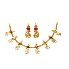 Gold Plated Necklace With Multi Color Stone And Peacock Design