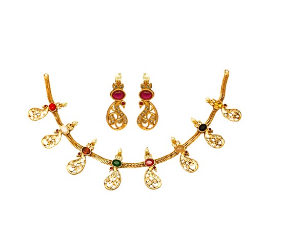 Gold Plated Necklace With Multi Color Stone And Peacock Design