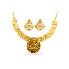 Gold Plated Necklace With Lakshmi Dollar And Pearls