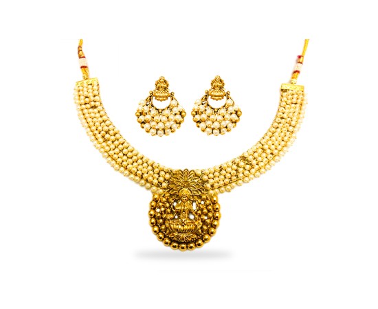 Gold Plated Necklace With Lakshmi Dollar And Pearls