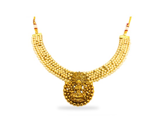 Gold Plated Necklace With Lakshmi Dollar And Pearls