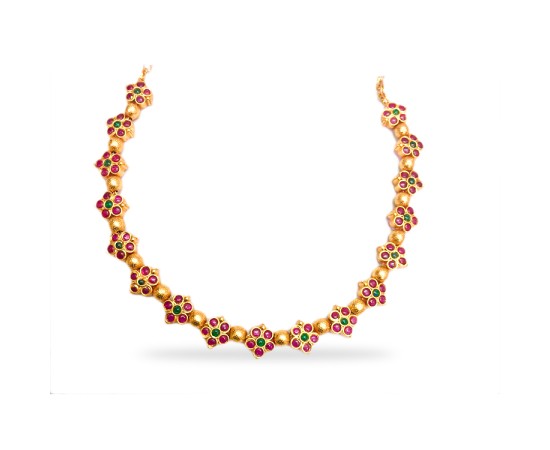 Gold Plated Necklace With Pink Green Floral Design