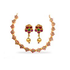 Gold Plated Necklace With Pink Green Floral Design