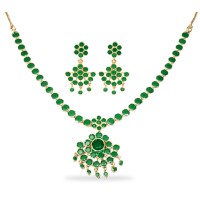 Gold Plated Necklace With Round Green Stones