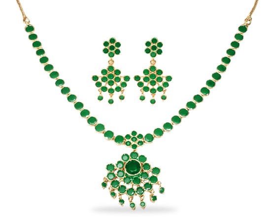 Gold Plated Necklace With Round Green Stones