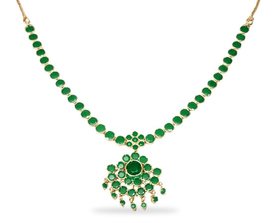 Gold Plated Necklace With Round Green Stones