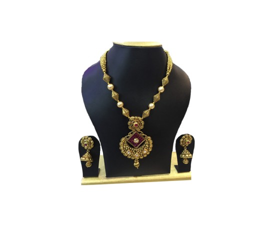 Gold Plated Necklace With Diamond Red Stone