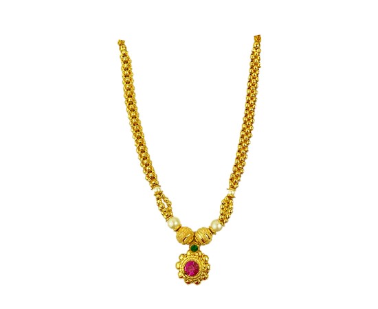 Gold plated with red and green stone white pearls necklace