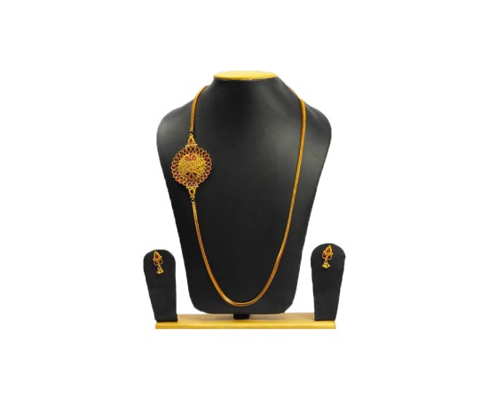 Gold Plated One Side Round Necklace With Red Stones