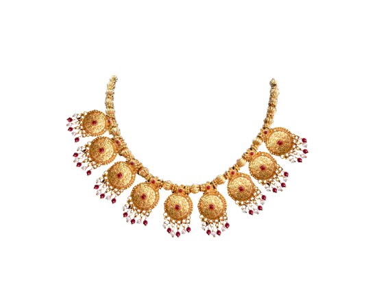 Gold Plated Small Rounded Necklace With Red Beads