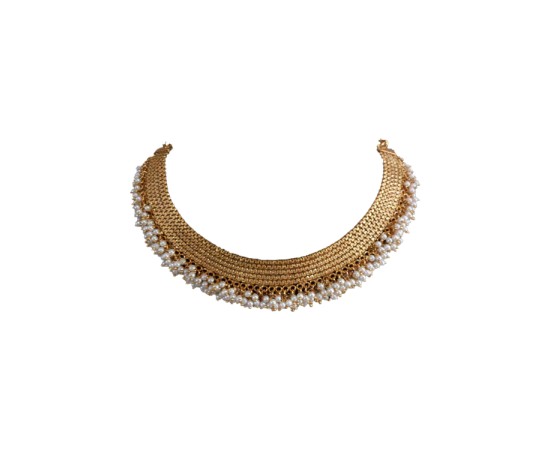 Choker Necklace With Small White Pearls & Green Stones