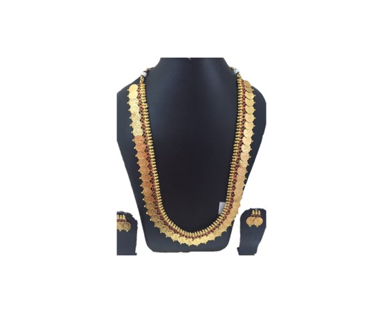 Gold Plated Kaasu Maalai With Red Stones