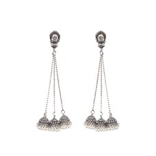 Oxidised chained Jhumka hanging with white pearls