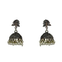 Oxidised metal Jhumkas with white pearls