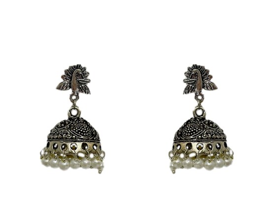 Oxidised metal Jhumkas with white pearls