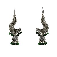 Oxidised Jhumkas with green beads