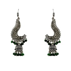 Oxidised Jhumkas with green beads