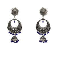 Oxidised round jhumkas with blue beads