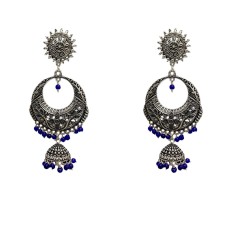Oxidised round jhumkas with blue beads