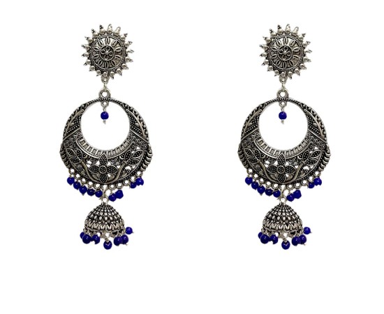 Oxidised round jhumkas with blue beads