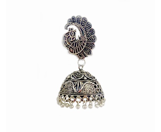 Oxidised classic jhumkas with peacock 